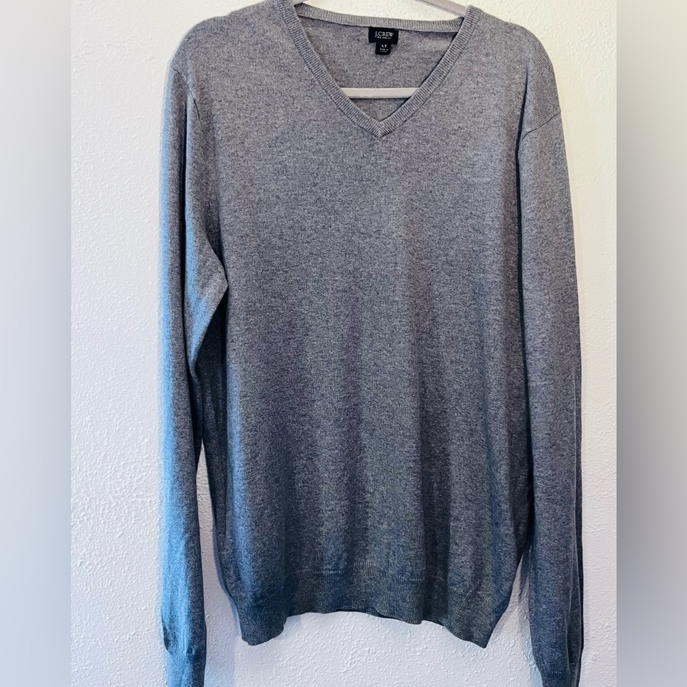 J Crew Mens L Gray V Neck Long Sleeve Cotton Cashmere Blend Sweater Preppy